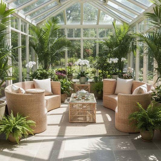 Orangery with wicker furniture, plants, and a glass ceiling