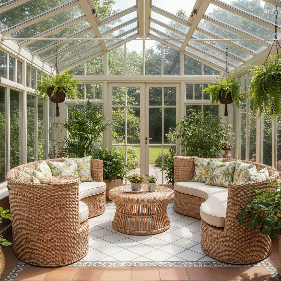 Patio area with a rattan furniture set and plants in a UK conservatory.
