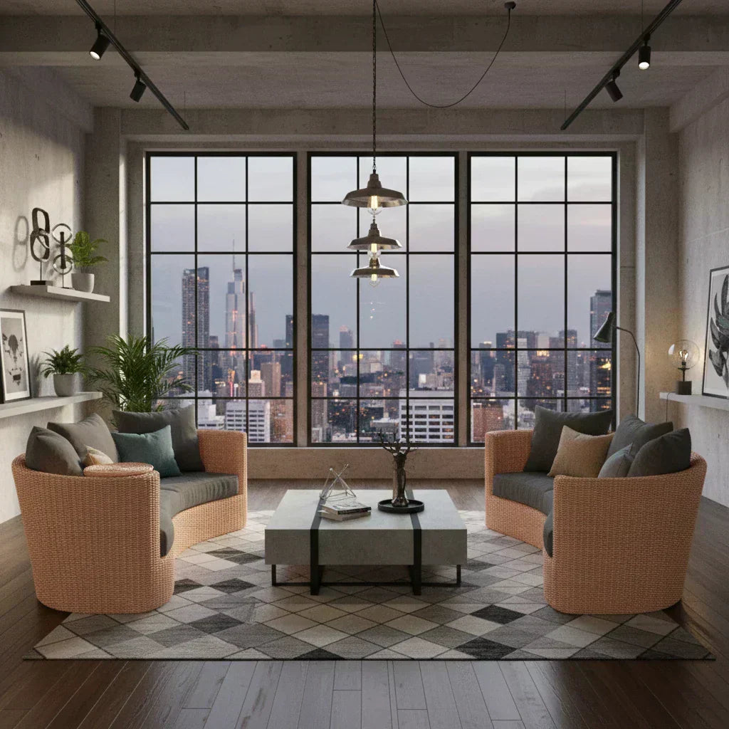 Modern living room with large windows offering a cityscape view.