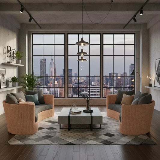 Modern living room with large windows offering a cityscape view.