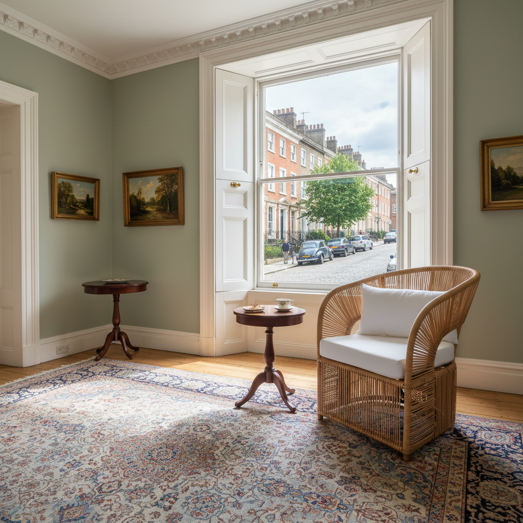 Living room with a Rattan armchair, small table, and large window overlooking a street.