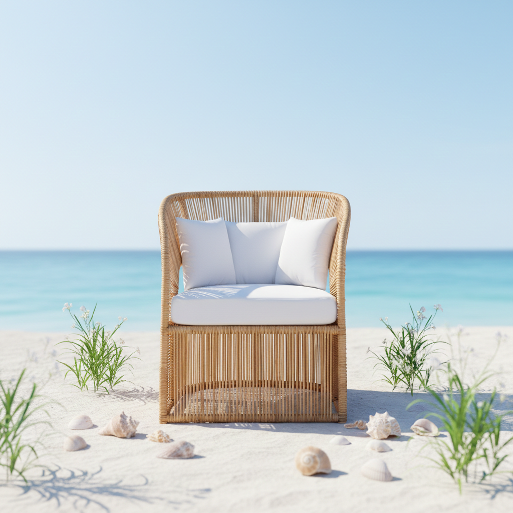 Rattan occasional chair on a sandy beach with cushions at the seaside