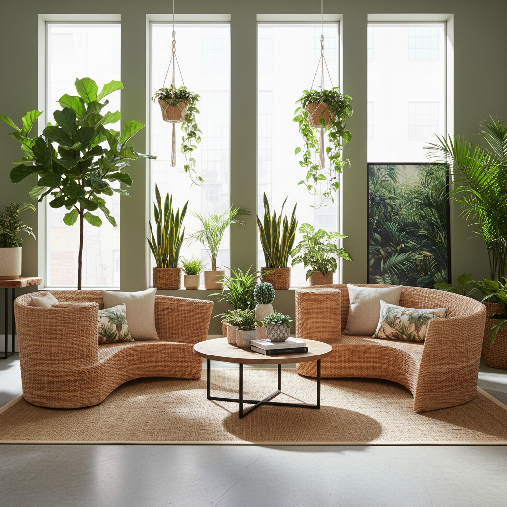 Modern living room with wicker furniture and indoor plants