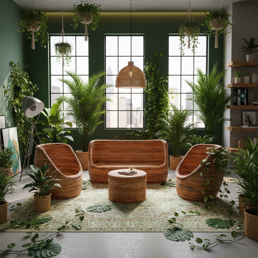 Modern rattan furniture and numerous potted plants in Living room.
