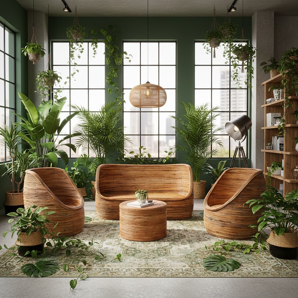 Modern interior with natural rattan furniture and plants featuring large windows